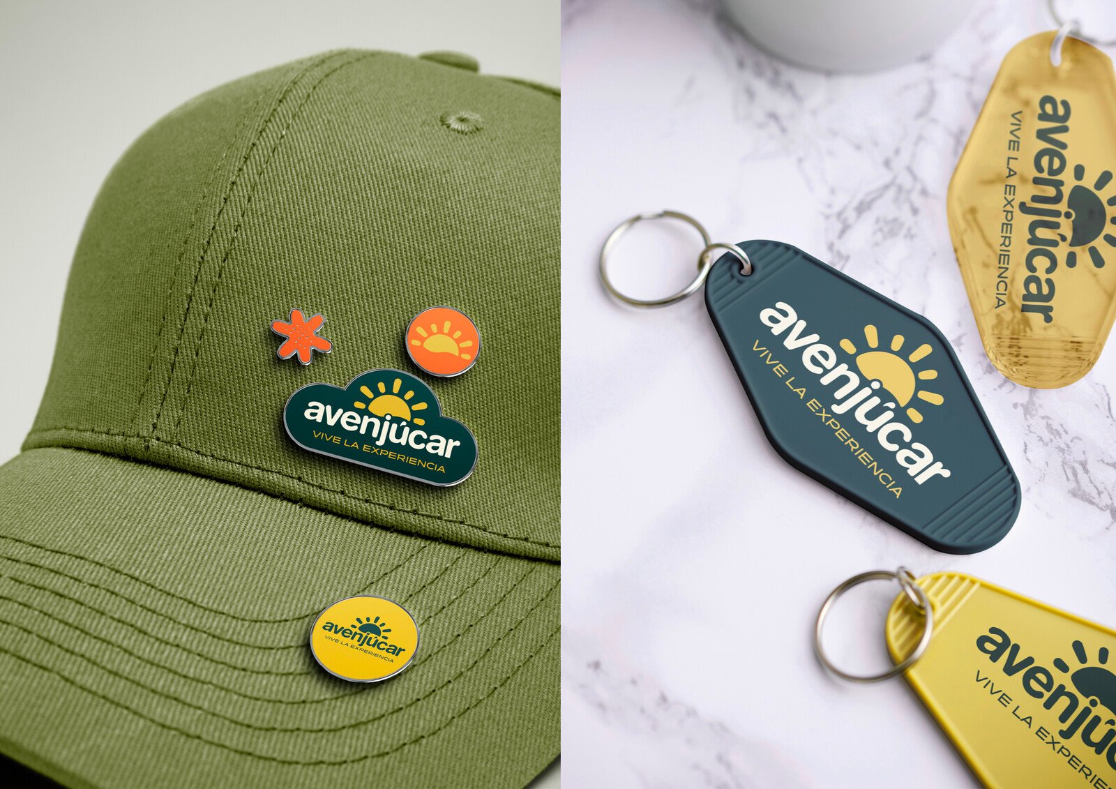 Gorra con pines y llaveros de la marca