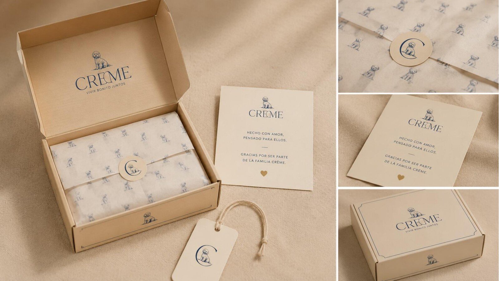 Caja de Crème abierta con papel de seda estampado, tarjetas y etiqueta