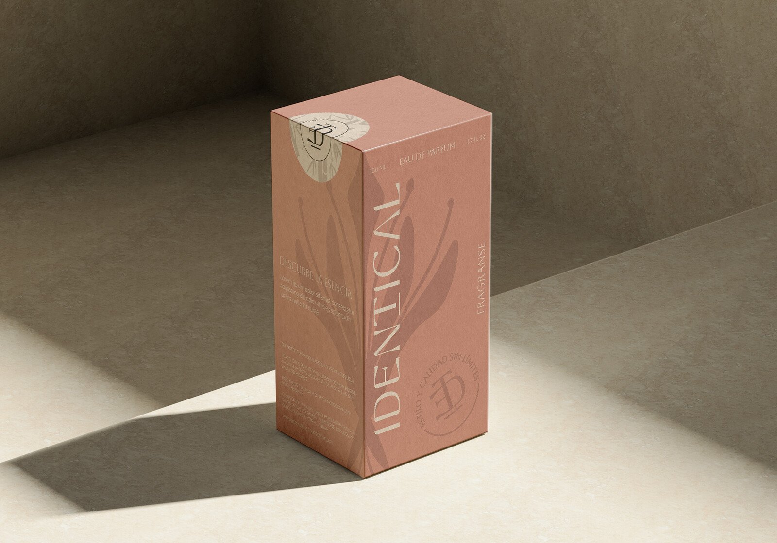 Dos estuches de perfume de Identical, uno terracota y otro verde oliva, con sello dorado en la tapa