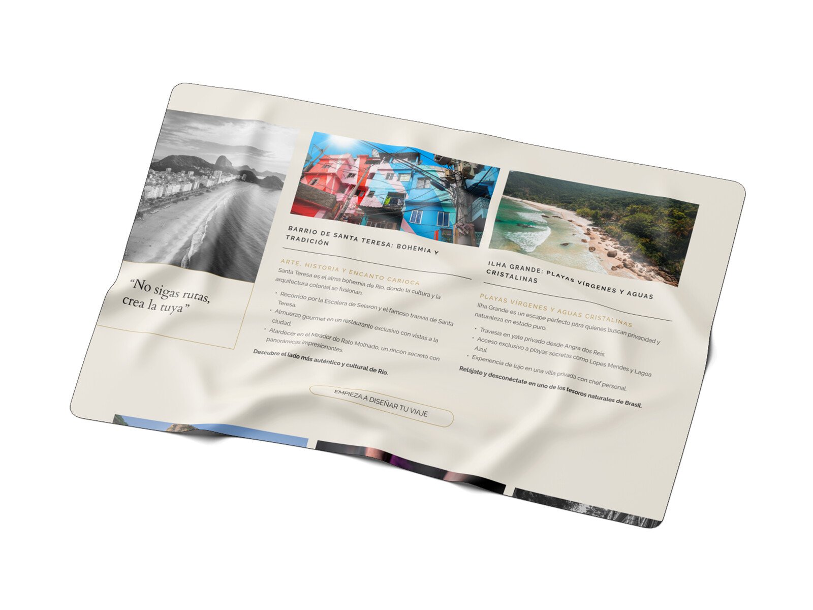 Folleto de la marca desplegado con bloques de fotografía de destino